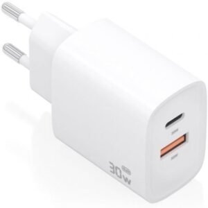 Carregador de Pared GaN Aisens A110-0952/ 1xUSB Tipo-C/ 1xUSB/ 30W/ Branco