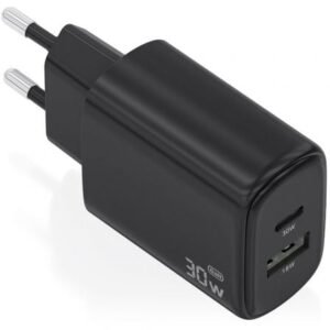 Carregador de Pared GaN Aisens A110-0978/ 1xUSB Tipo-C/ 1xUSB/ 30W/ Preto