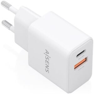 Carregador de Pared GaN Aisens A110-1025/ 1xUSB Tipo-C/ 1xUSB/ 20W/ Branco