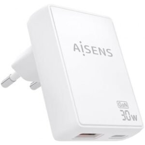 Carregador de Pared GaN Aisens ASCH-30W2P074-W/ 1xUSB Tipo-C/ 1xUSB/ 30W/ Branco