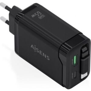 Carregador de Pared GaN Aisens ASCH-65W3P071-BK/ 1xUSB Tipo-C/ 1xUSB/ 65W/ Preto