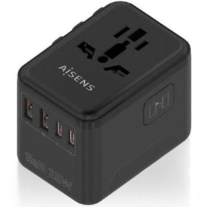 Carregador de Pared Universal GaN para Viaje Aisens ASPS-2A2C08-BK/ Toma de Corriente Universal/ 2xUSB Tipo-C/ 2xUSB/ 25W