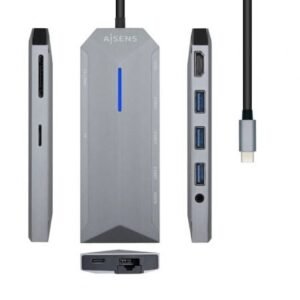 Docking USB Tipo-C Aisens ASUC-9P001-GR/ 1xHDMI 4K/ 3xUSB/ 1xRJ45/ 1xAudio/ 1xLector Placas / 1xUSB Tipo-C PD/ Cinzento