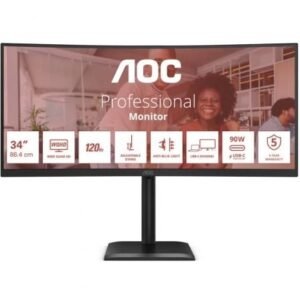 Monitor Profesional Ultrapanorámico Curvo AOC CU34E4CV 34"/ WQHD/ Multimedia/ Regulable en altura/ Preto