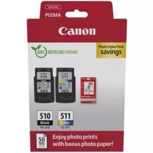 Cartucho de Tinta Original Canon PG-510 + CL-511 Multipack/ Preto/ Tricolor + Papel Fotográfico