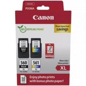 Cartucho de Tinta Original Canon PG-560XL + CL-561XL Multipack Alta Capacidade/ Preto/ Tricolor + Papel Fotográfico