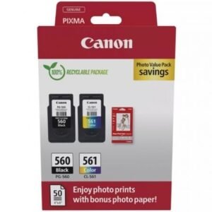 Cartucho de Tinta Original Canon PG-560 + CL-561 Multipack/ Preto/ Tricolor + Papel Fotográfico