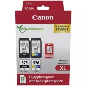 Cartucho de Tinta Original Canon PG-575XL + CL576XL Multipack Alta Capacidade/ Preto/ Tricolor + Papel Fotográfico