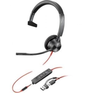 Auricular Poly Blackwire 3315 para Microsoft Teams + Adaptador USB-C/A/ con Microfone/ Jack 3.5/ Preto