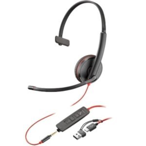 Auricular Poly Blackwire 3215 + Adaptador USB-C/A/ con Microfone/ Jack 3.5mm/ Preto