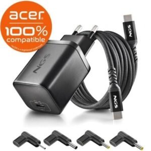 Carregador de Portátil GaN NGS BUD65W-AC para Acer/ 1xUSB Tipo-C/ 65W/ Automático/ 4 Conectores/ Voltaje 5-20V