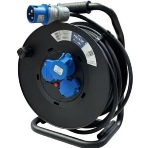 Regleta enrollable Phasak BN 3478/ 2 Tomas de corriente/ 1 Ficha industrial 2P+TT/ Cabo 40m/ Preto y Azul