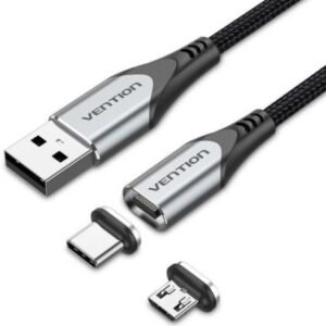Cabo de Carga Magnético USB Tipo-C con Adaptador MicroUSB Vention CQMHD/ MicroUSB Macho - USB Tipo-C Macho/ USB Macho/ Hasta 60W/ 480Mbps/ 50cm/ Cinzento