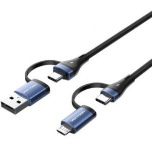 Cabo USB 2.0 Tipo-C Vention CTLLF/ USB Tipo-C Macho - USB Macho/ MicroUSB Macho - USB Tipo-C Macho/ Hasta 100W/ 480Mbps/ 1m/ Preto y Azul
