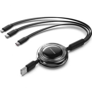 Cabo USB Retráctil Vention TRJBBE/ USB Macho - Lightning/ 2xUSB Tipo-C/ Hasta 17.5W/ 10Gbps/ 1.1m/ Preto