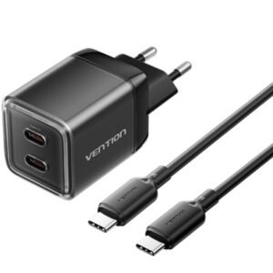 Carregador de Pared GaN Vention TZ-FCFB0-EU/ 2xUSB Tipo-C + Cabo USB Tipo-C/ 45W
