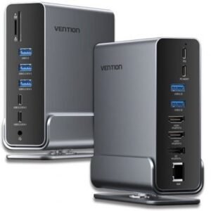 Docking USB Tipo-C Vention TPUH0/ 2xHDMI 4K/ 1xDisplayPort/ 3xUSB Tipo-C/ 5xUSB/ 1xRJ45/ 1xLector de Placas/ 1xJack 3.5/ 1xUSB Tipo-C PD/ Cinzento